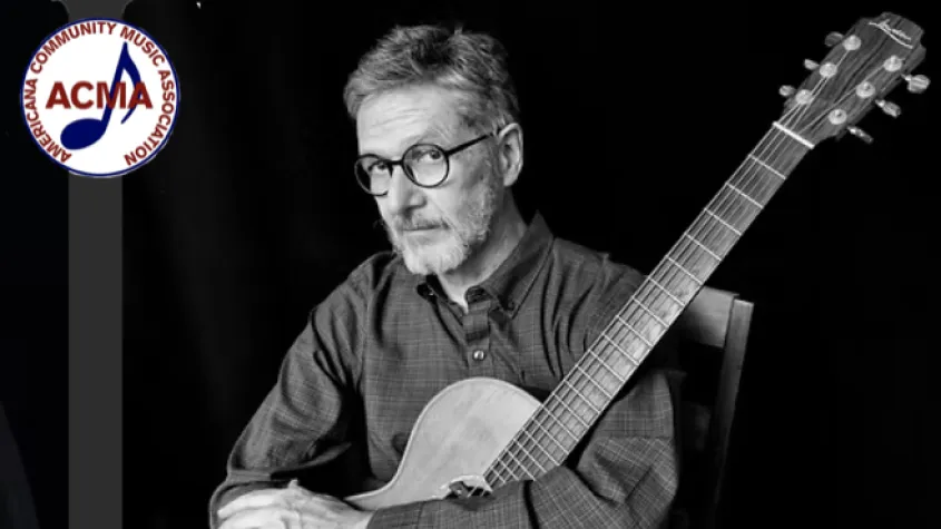 Musician Pierce Pettis with guitar and ACMA logo in corner.