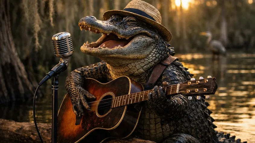 Everglades Day Safari gator with guitar