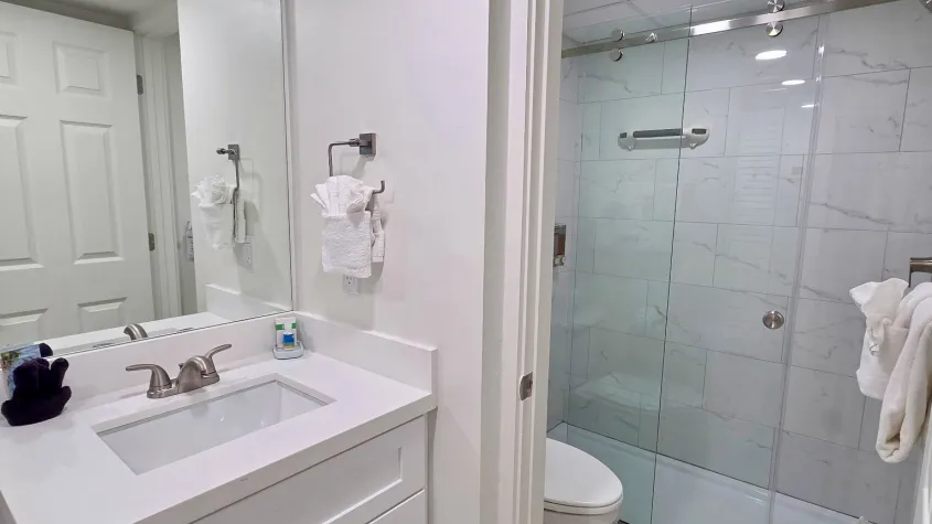 White Bathroom viewing sink and mirror, wood floor and marble tile walk in shower