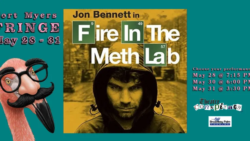 The Fringe Flamingo overlooking the Fire in the Meth Lab logo
