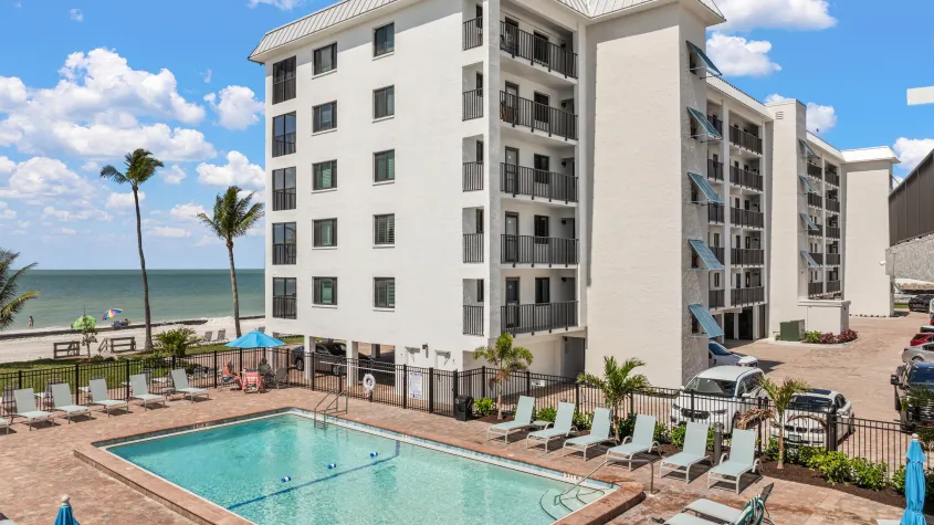 Seaside Resort condominium complex in Fort Myers Beach, Florida, offering vacation rentals near the beach with resort-style amenities and coastal surroundings.