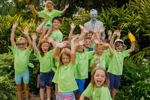 group of campers around Thomas Edison statue
